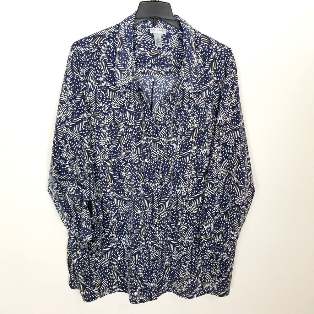 Catherines Women Plus Navy Feathers Long Sleeve Shirt Sz 4X Blue Button Up